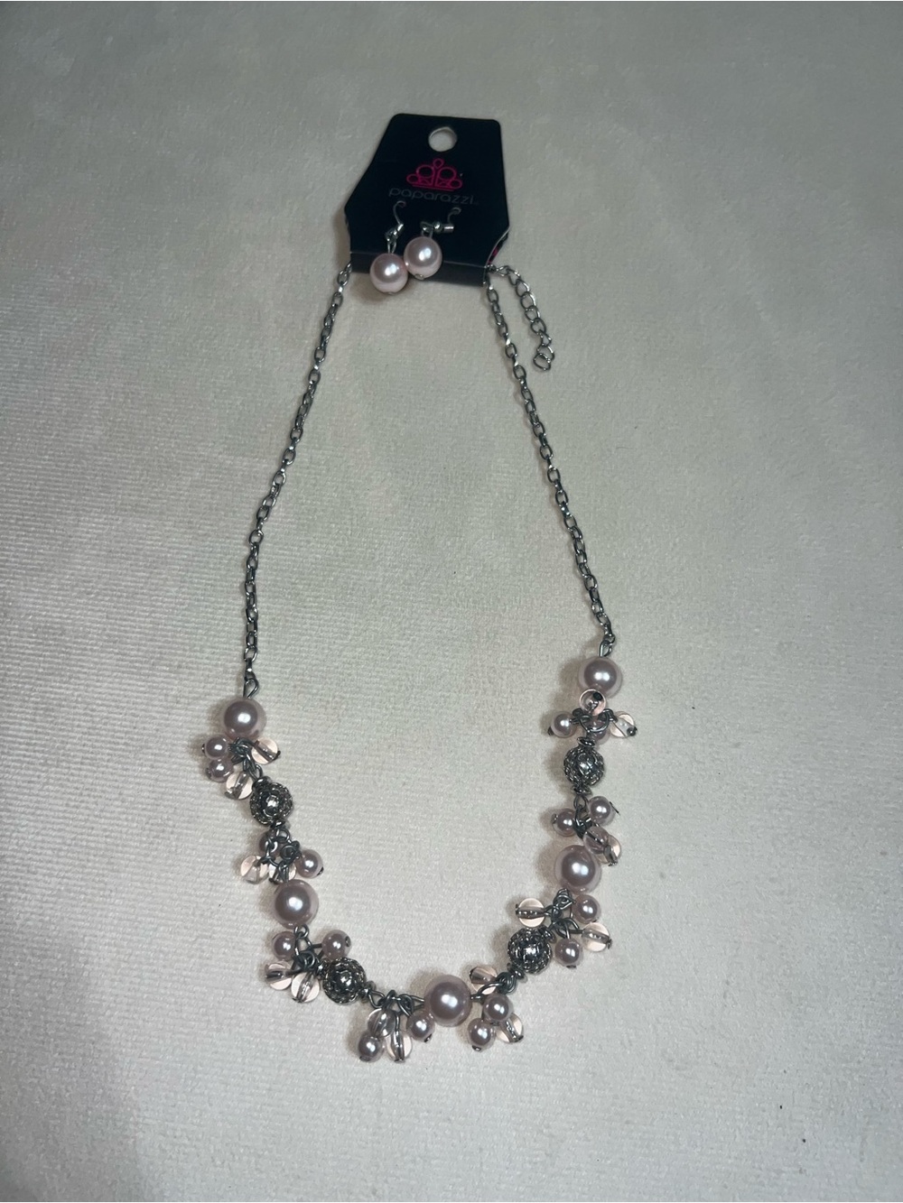 paparazzi Pale Pink Pearl Cluster Necklace with Dangle Earrings